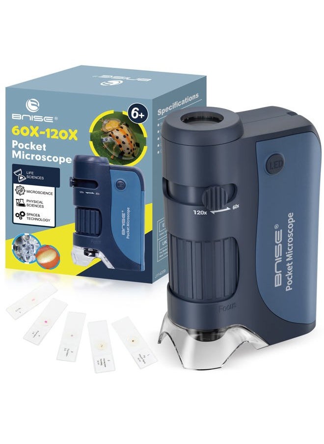 Pocket Microscope 60X-120X, Portable Handheld Microscope for Kids, Mini Microscope with 5pcs Microscope Slides for Learning, Education and Exploring