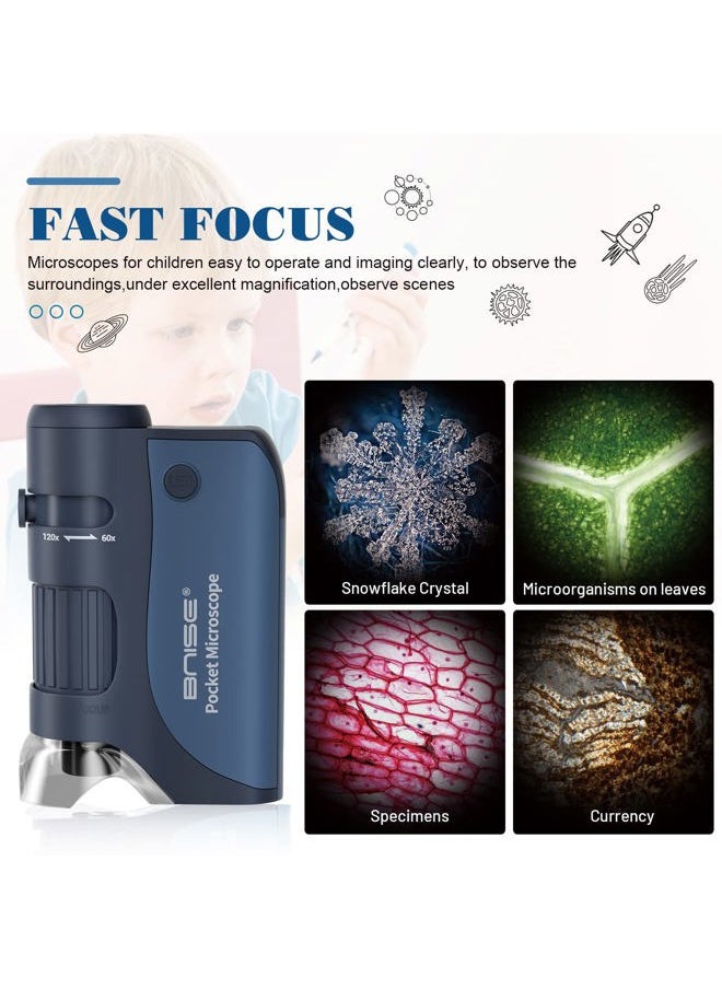 Pocket Microscope 60X-120X, Portable Handheld Microscope for Kids, Mini Microscope with 5pcs Microscope Slides for Learning, Education and Exploring