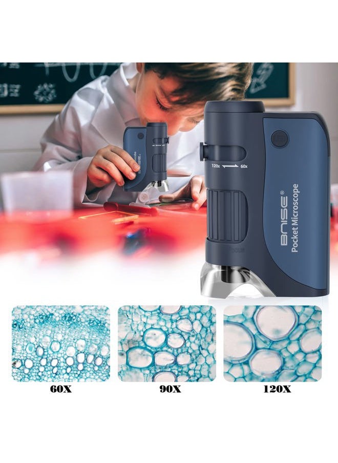 Pocket Microscope 60X-120X, Portable Handheld Microscope for Kids, Mini Microscope with 5pcs Microscope Slides for Learning, Education and Exploring
