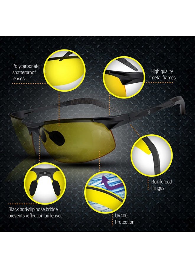 Set of 2 HD Day and Night Driving Glasses for Men and Women - Polarized Sport Sunglass and Yellow Night Vision Glass With Car Clip Holder (1 Yellow Lens + 1 Black Lens)
