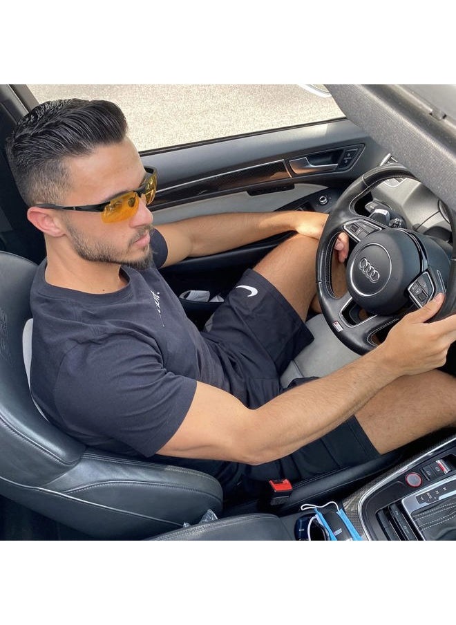 Set of 2 HD Day and Night Driving Glasses for Men and Women - Polarized Sport Sunglass and Yellow Night Vision Glass With Car Clip Holder (1 Yellow Lens + 1 Black Lens)