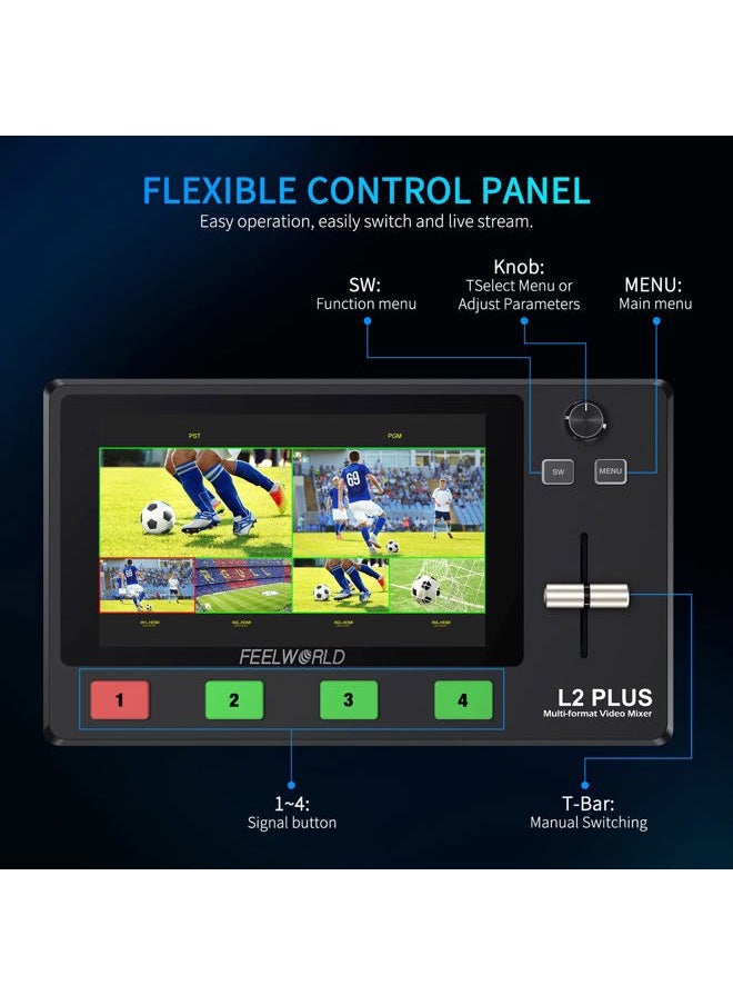 L2 Plus Multi Camera Video Mixer Switcher with 5.5 inch LCD Touch Screen PTZ Controller Chroma Key 4 HDMI Inputs USB3.0 Output Format Real Time Production Live Streaming Built in Cooler