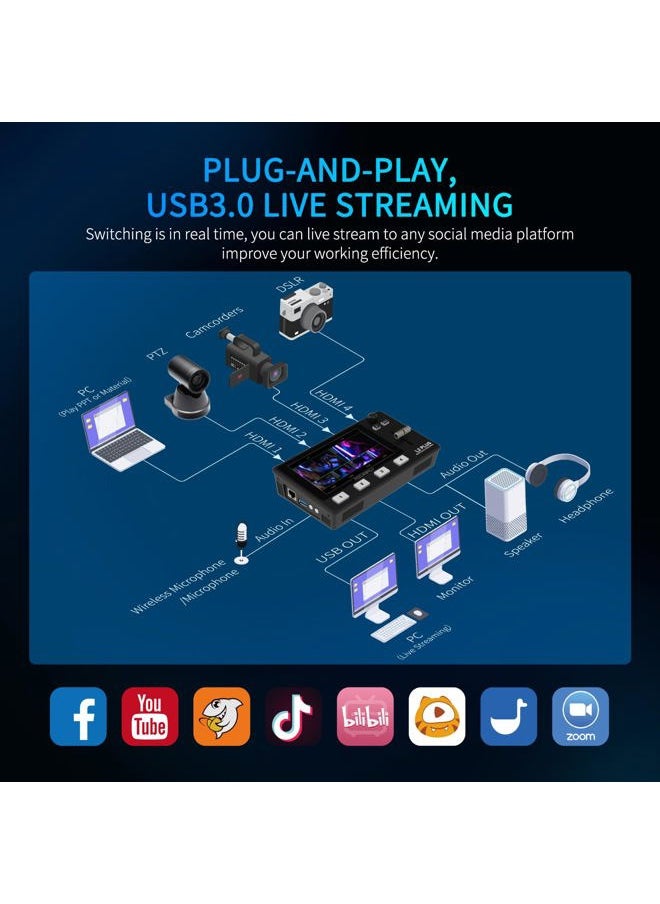 L2 Plus Multi Camera Video Mixer Switcher with 5.5 inch LCD Touch Screen PTZ Controller Chroma Key 4 HDMI Inputs USB3.0 Output Format Real Time Production Live Streaming Built in Cooler