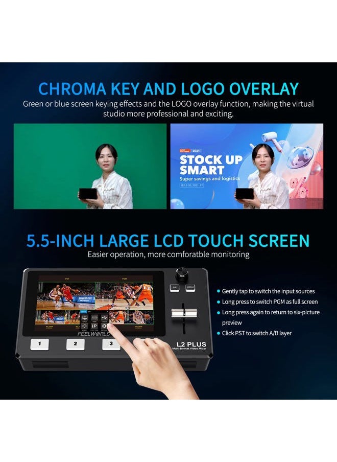 L2 Plus Multi Camera Video Mixer Switcher with 5.5 inch LCD Touch Screen PTZ Controller Chroma Key 4 HDMI Inputs USB3.0 Output Format Real Time Production Live Streaming Built in Cooler