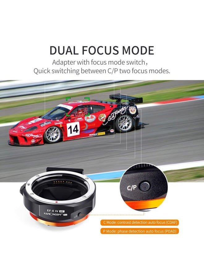 EF/EF-S to E Electronic Lens Adapter, K&F Concept Auto Focus Lens Mount Adapter Ring Compatible for Canon EF EF-S Mount Lens to Sony E Mount Cameras