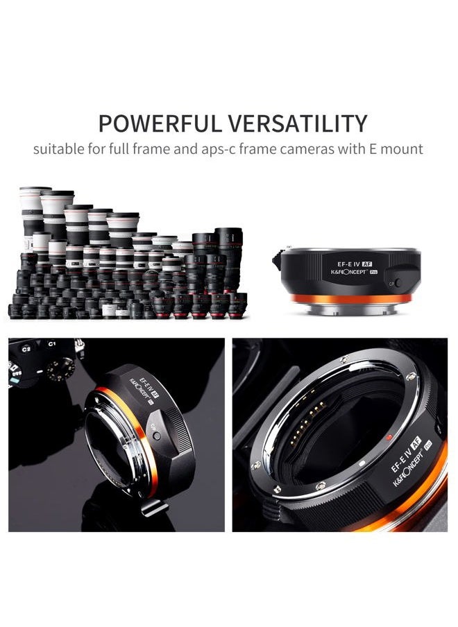 EF/EF-S to E Electronic Lens Adapter, K&F Concept Auto Focus Lens Mount Adapter Ring Compatible for Canon EF EF-S Mount Lens to Sony E Mount Cameras