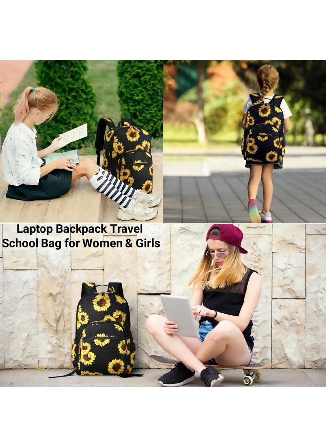 Laptop Backpack for Women: Cute Girls Sunflower Bookbag for School College Travel Work - Lightweight Book Bag Floral for Kids Teen - Aesthetic Back Pack Stylish Hiking Daypack for Teacher Black