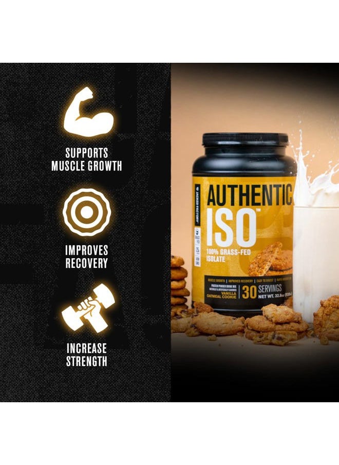 Authentic ISO Grass Fed Whey Protein Isolate Powder - Low Carb, Non-GMO Muscle Building Protein w/No Fillers, Mixes Perfectly, Vanilla Oatmeal Cookie - 2LB, 30 SV