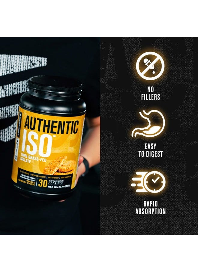 Authentic ISO Grass Fed Whey Protein Isolate Powder - Low Carb, Non-GMO Muscle Building Protein w/No Fillers, Mixes Perfectly, Vanilla Oatmeal Cookie - 2LB, 30 SV