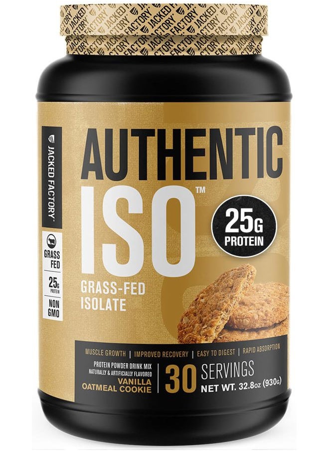 Authentic ISO Grass Fed Whey Protein Isolate Powder - Low Carb, Non-GMO Muscle Building Protein w/No Fillers, Mixes Perfectly, Vanilla Oatmeal Cookie - 2LB, 30 SV