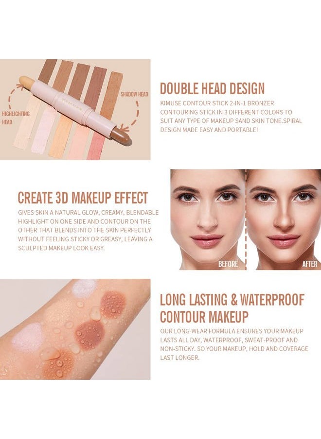 2Color Dual Cream Contour Stick, Highlight & Contour Bronzer Stick, Long Lasting & Waterproof Contour Sticks Kit for Light Skin Face Makeup