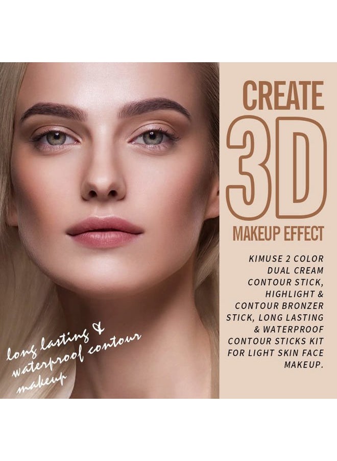 2Color Dual Cream Contour Stick, Highlight & Contour Bronzer Stick, Long Lasting & Waterproof Contour Sticks Kit for Light Skin Face Makeup