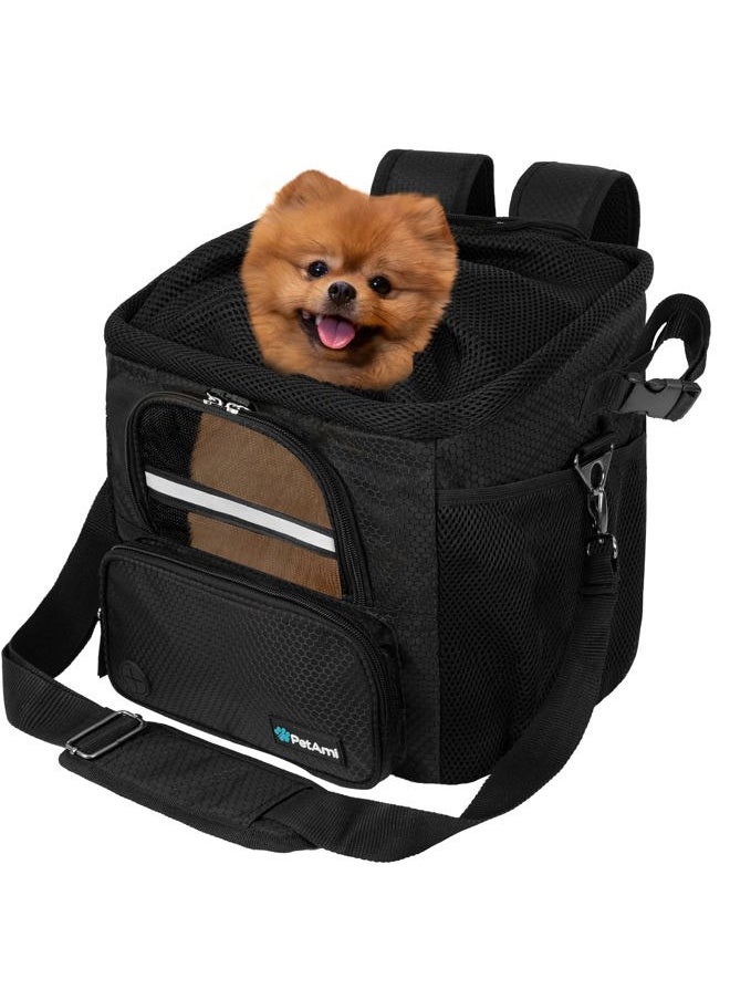 Dog Bike Basket, Soft-Sided Ventilated Dog Bike Carrier Backpack, Dog Pet Bicycle Basket for Bike Handlebar, Small Medium Puppy Cat Kitten Car Booster Seat with Safety Strap (Black)