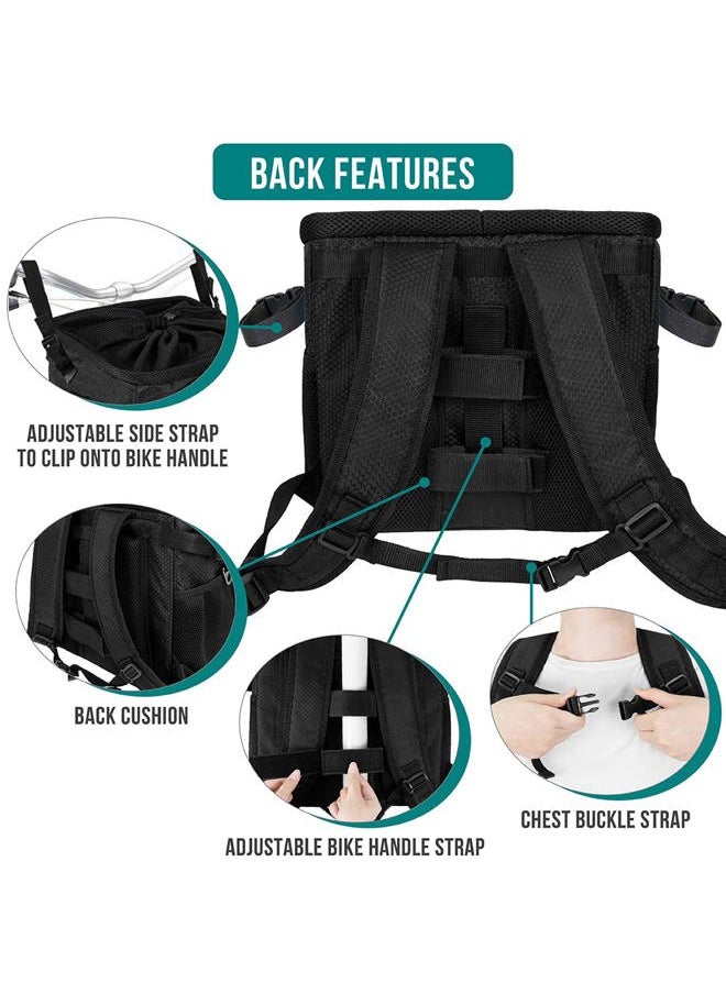 Dog Bike Basket, Soft-Sided Ventilated Dog Bike Carrier Backpack, Dog Pet Bicycle Basket for Bike Handlebar, Small Medium Puppy Cat Kitten Car Booster Seat with Safety Strap (Black)