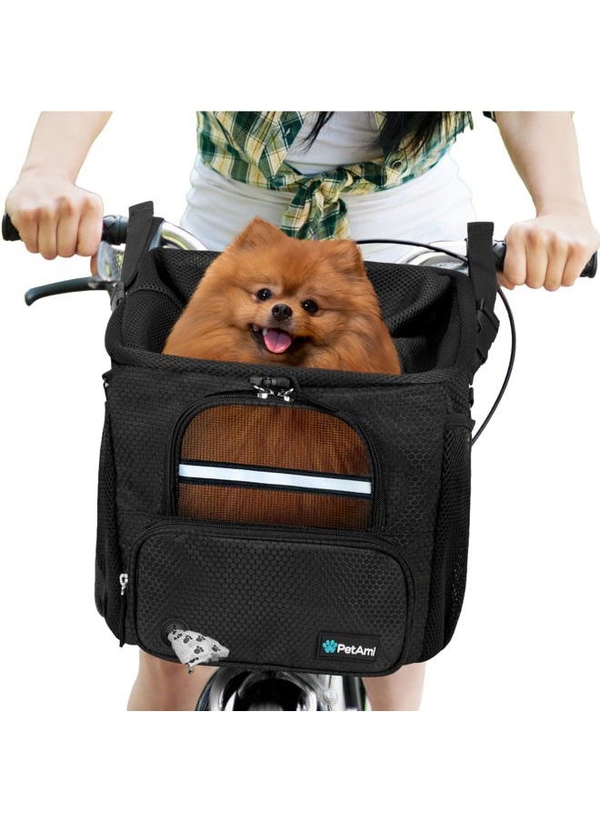Dog Bike Basket, Soft-Sided Ventilated Dog Bike Carrier Backpack, Dog Pet Bicycle Basket for Bike Handlebar, Small Medium Puppy Cat Kitten Car Booster Seat with Safety Strap (Black)