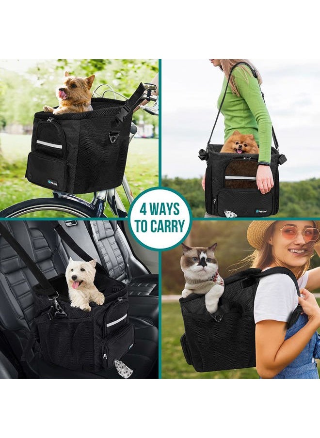 Dog Bike Basket, Soft-Sided Ventilated Dog Bike Carrier Backpack, Dog Pet Bicycle Basket for Bike Handlebar, Small Medium Puppy Cat Kitten Car Booster Seat with Safety Strap (Black)