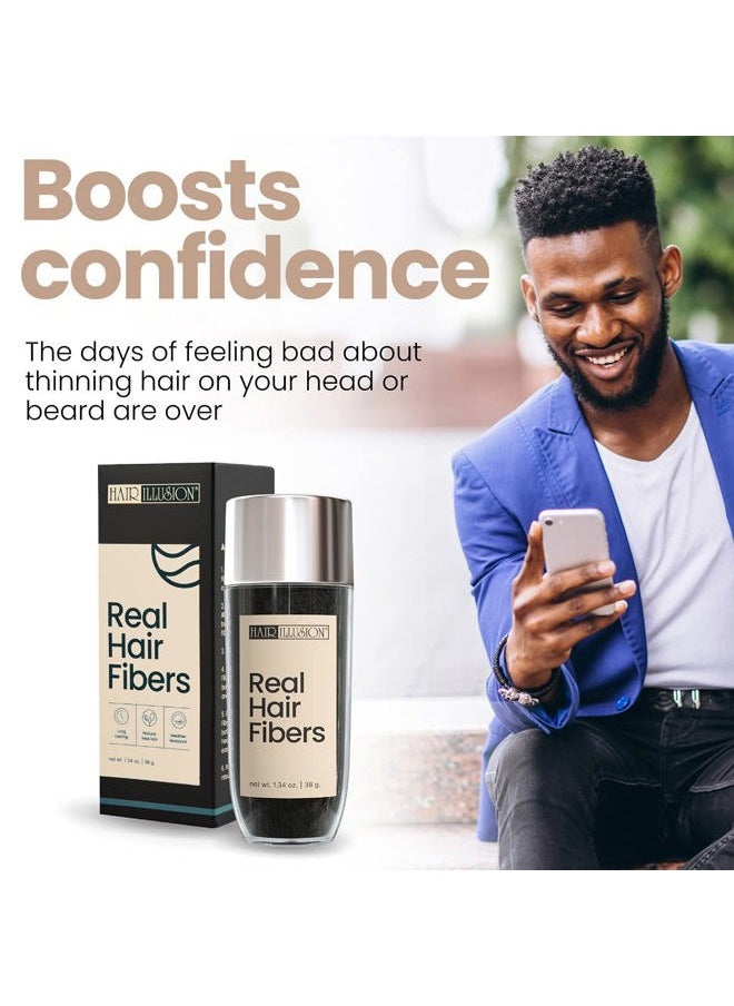 Black Real Hair Fibers for Thinning Hair - 100% Natural Texture, Non Synthetic Hair Fibers - Bald Spot Cover Up for Women & Men - 38 Gram
