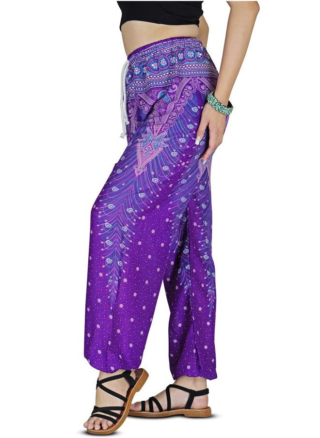 Harem Pants Womens Plus Bohemian Yoga Elephant Beach Casual Printed Drawstring Trousers (Peacock Violet 2XL)