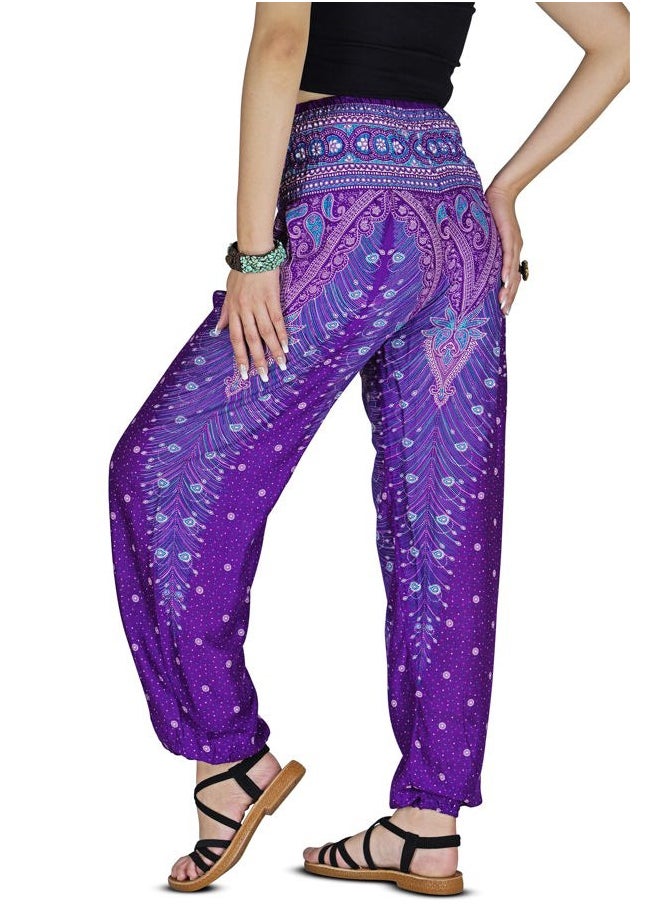 Women Harem Pant Boho Genie Aladdin Smocked Waist Yoga Trousers (Peacock Violet S)