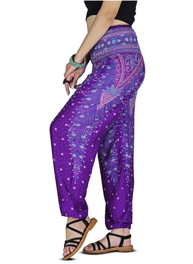 Women Harem Pant Boho Genie Aladdin Smocked Waist Yoga Trousers (Peacock Violet S)