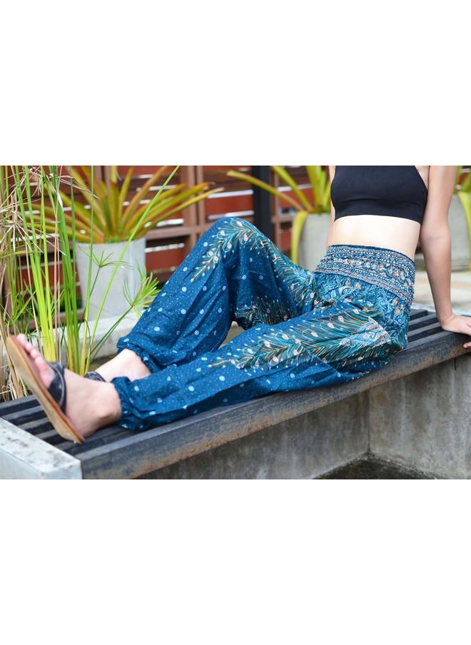 Women Harem Pant Boho Genie Aladdin Smocked Waist Yoga Trousers (Peacock Violet S)