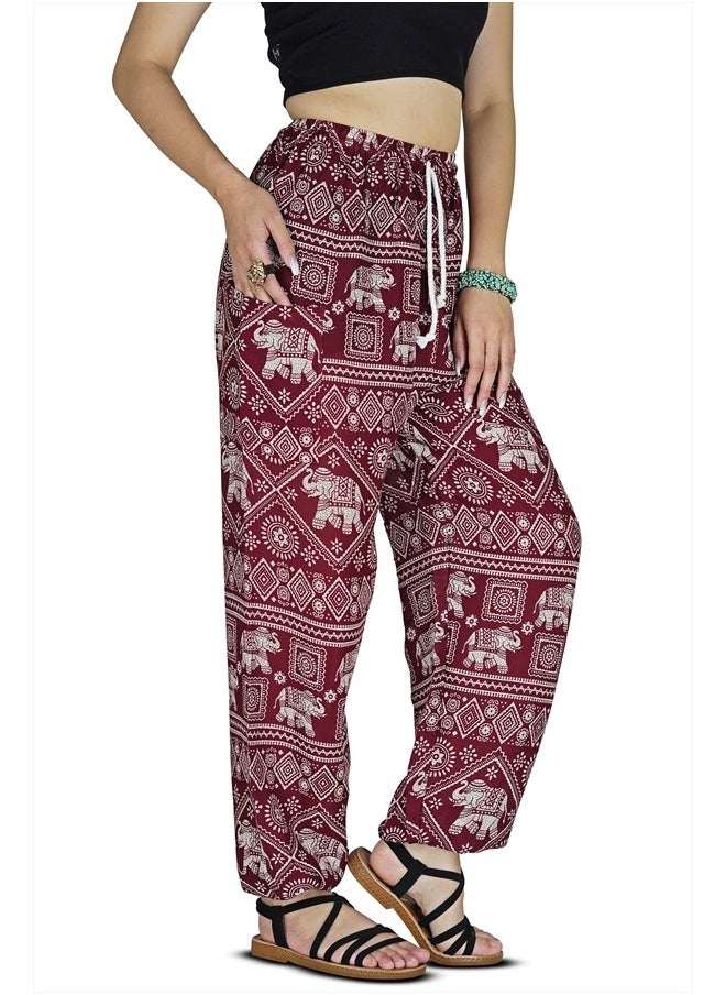 Harem Pants Womens Plus Bohemian Yoga Elephant Beach Casual Printed Drawstring Trousers (Red1 5)