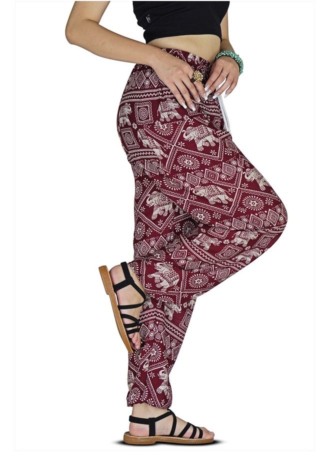 Harem Pants Womens Plus Bohemian Yoga Elephant Beach Casual Printed Drawstring Trousers (Red1 5)