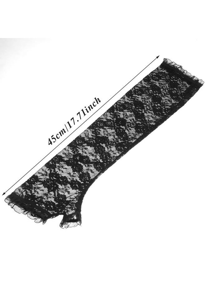 Women's Long Lace Fingerless Gloves Bridal Elbow Length Gloves Long Lace Floral Gloves for Wedding Opera Tea Party (Black)