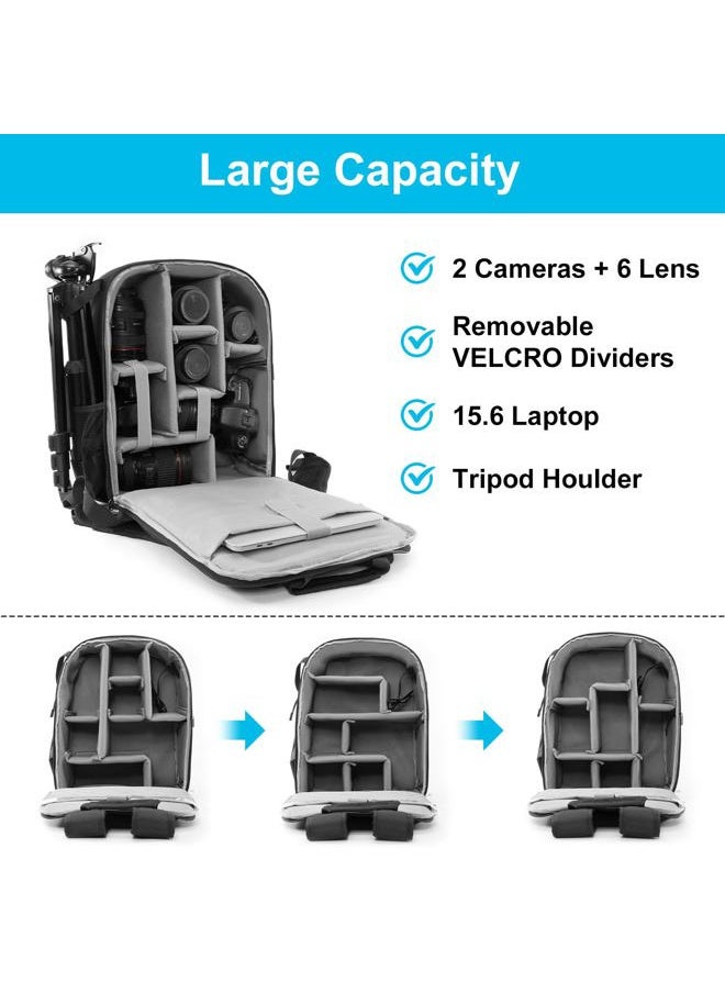 Camera Backpack Bag for DSLR/SLR Mirrorless Camera Waterproof with 15.6 inch Laptop Compartment, USB Charging Port, Tripod Holder, Rain Cover, Camera Case Compatible for Sony Canon Nikon Black L