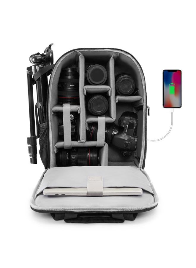 Camera Backpack Bag for DSLR/SLR Mirrorless Camera Waterproof with 15.6 inch Laptop Compartment, USB Charging Port, Tripod Holder, Rain Cover, Camera Case Compatible for Sony Canon Nikon Black L