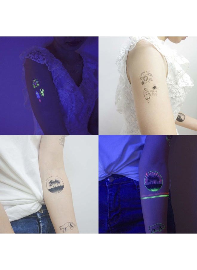 15 Sheets Temporary Tattoo Stickers Glow in Dark Children Night Luminous Fluorescent Green Light Rainbow Rocket Alien Planet Astronaut Milky Way