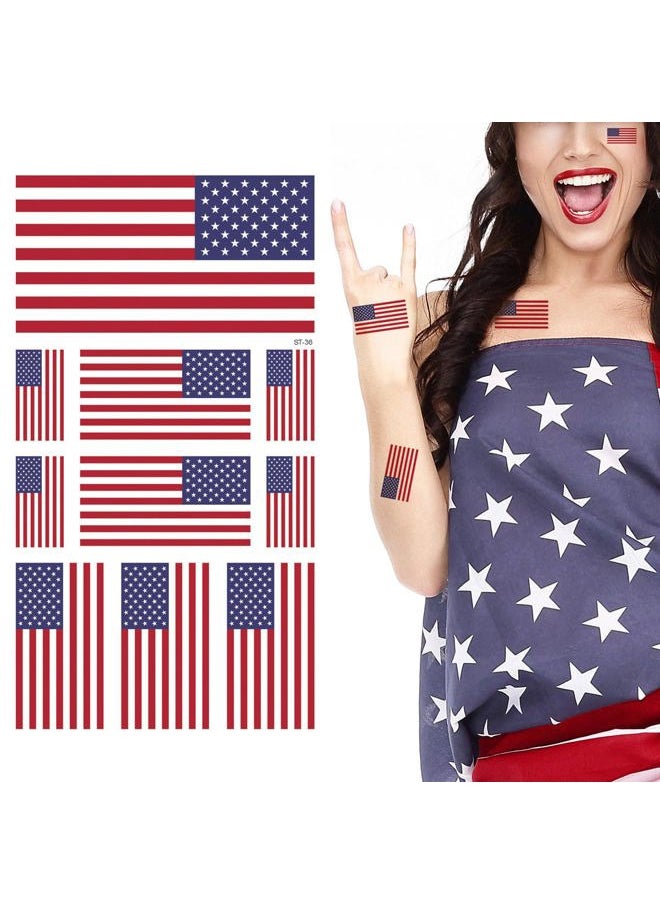 Patriotic Temporary Tattoos, American Flag (10 flags) - Set of 2, All Ages, Red, White, Blue, Black, Waterproof