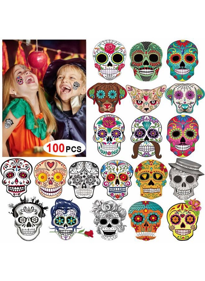 Day of the Dead Sugar Skull Tattoos(100Counts),Konsait Halloween Temporary Face Tattoos Sugar Skull Puppy Black Skeleton Web Red Roses Tattoo for kids Boys Girls Mexican Halloween Party Favor Supplies