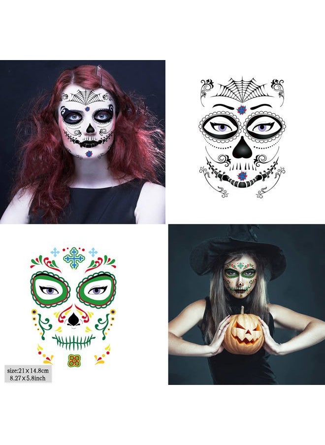 20 Sheets Day of the Dead Face Sugar Skull Tattoos,Including 8 Large Sheets Halloween Temporary Face Tattoos, Halloween Sugar Skull Face Tattoos