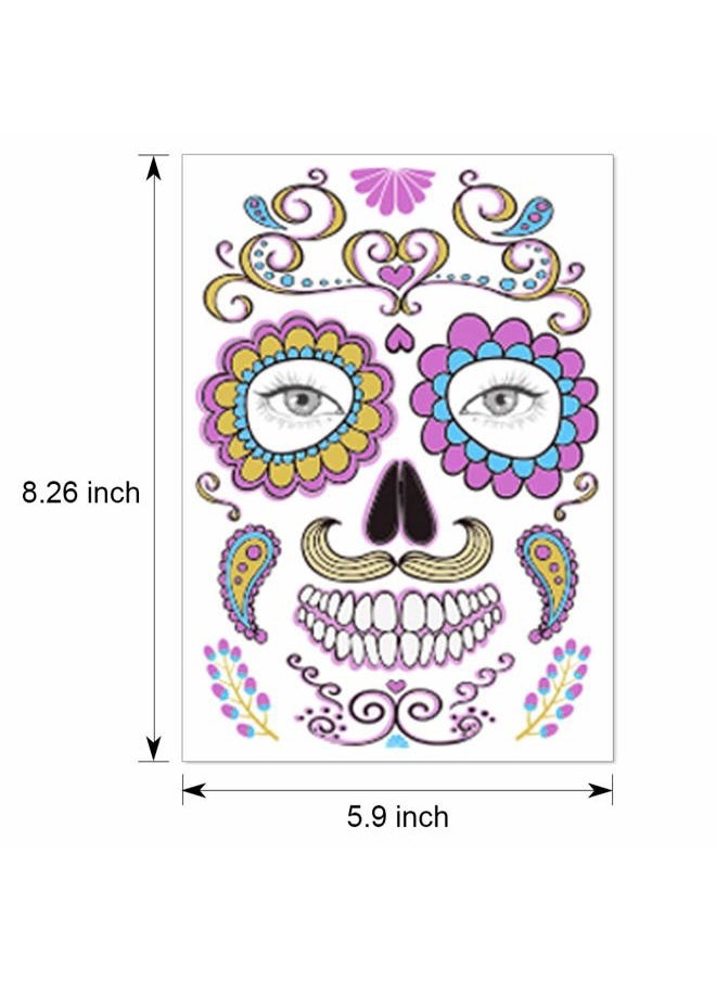 Halloween Temporary Face Tattoos (8Pack), Day of The Dead Sugar Skull Floral Black Skeleton Web Red Roses Full Face Mask Tattoo for Women Men Adult Kids Boys Halloween Party Favor Supplies
