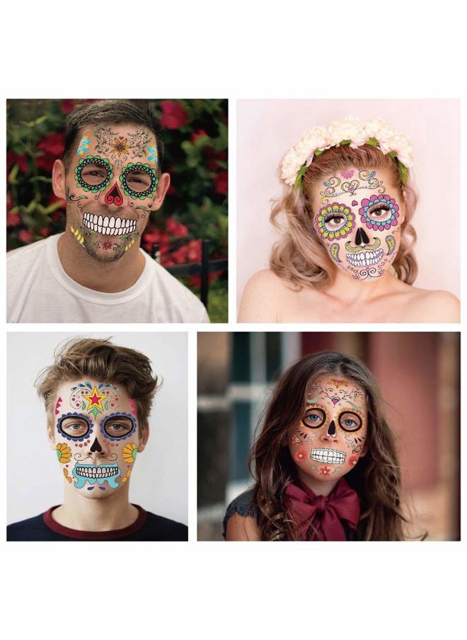 Halloween Temporary Face Tattoos (8Pack), Day of The Dead Sugar Skull Floral Black Skeleton Web Red Roses Full Face Mask Tattoo for Women Men Adult Kids Boys Halloween Party Favor Supplies