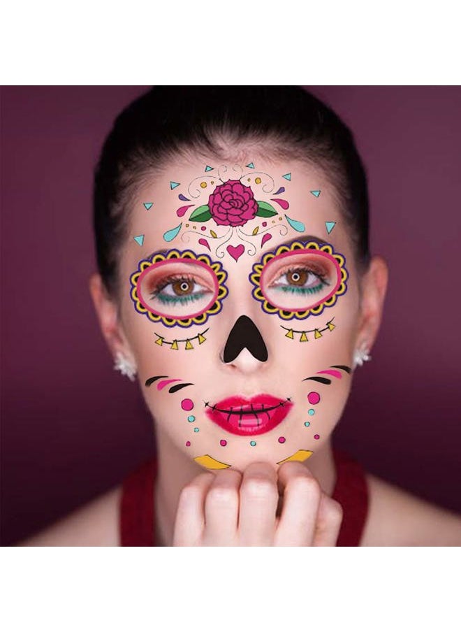 Halloween Temporary Face Tattoos (8Pack), Day of The Dead Sugar Skull Floral Black Skeleton Web Red Roses Full Face Mask Tattoo for Women Men Adult Kids Boys Halloween Party Favor Supplies
