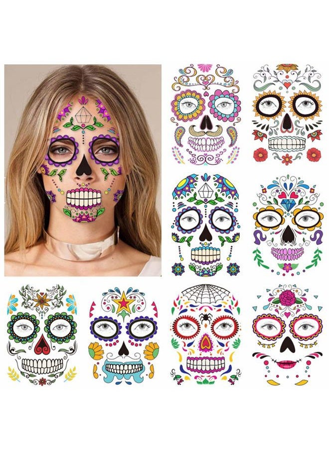 Halloween Temporary Face Tattoos (8Pack), Day of The Dead Sugar Skull Floral Black Skeleton Web Red Roses Full Face Mask Tattoo for Women Men Adult Kids Boys Halloween Party Favor Supplies