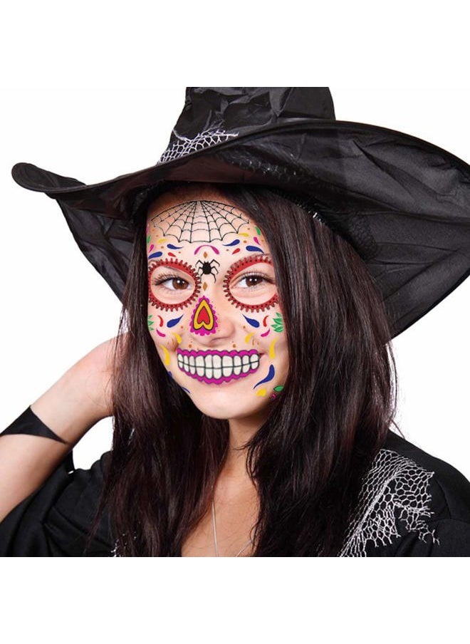Halloween Temporary Face Tattoos (8Pack), Day of The Dead Sugar Skull Floral Black Skeleton Web Red Roses Full Face Mask Tattoo for Women Men Adult Kids Boys Halloween Party Favor Supplies