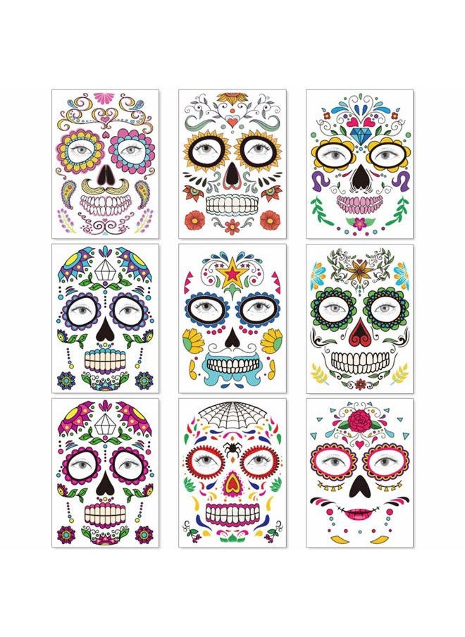 Halloween Temporary Face Tattoos (8Pack), Day of The Dead Sugar Skull Floral Black Skeleton Web Red Roses Full Face Mask Tattoo for Women Men Adult Kids Boys Halloween Party Favor Supplies
