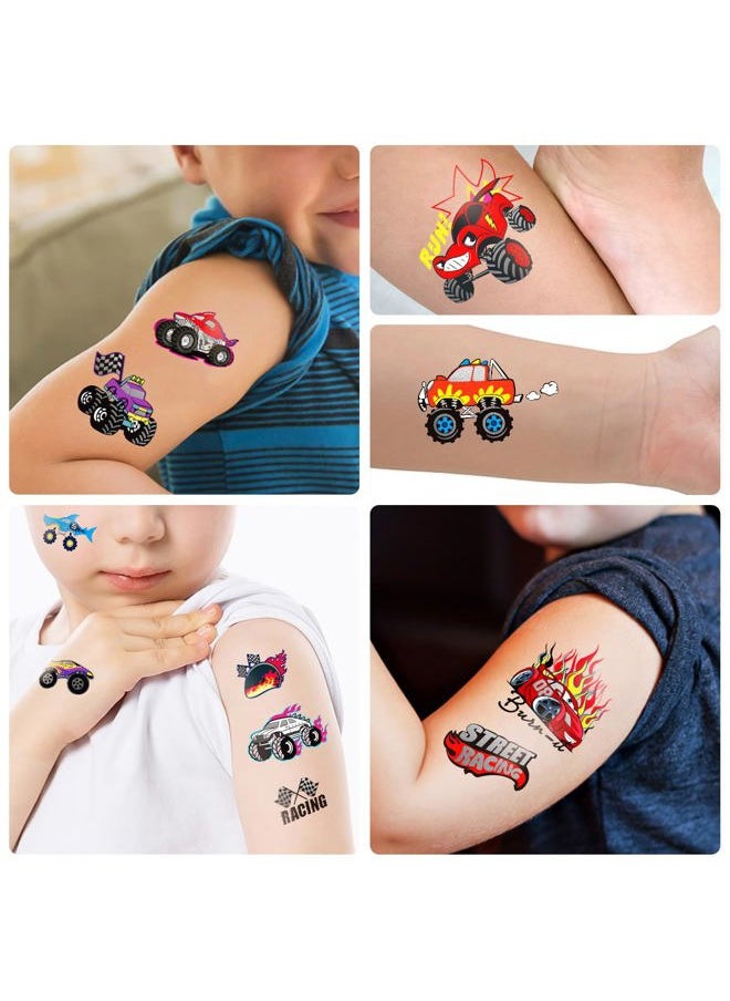 Temporary Tattoos for Kids, 75 PCS Truck Fake Tattoos for Birthday Party Favor- Silver Metallic Styles Tattoos | Monster Truck, Car Racing, Checkered Flag, Flames Tattoo for 5 6 7 8 Years Boys Girls