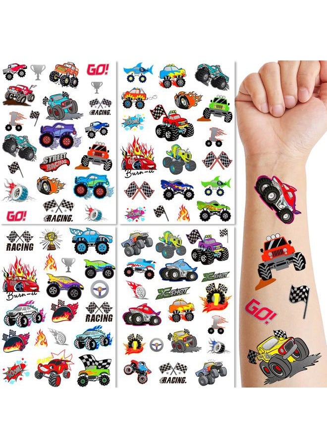 Temporary Tattoos for Kids, 75 PCS Truck Fake Tattoos for Birthday Party Favor- Silver Metallic Styles Tattoos | Monster Truck, Car Racing, Checkered Flag, Flames Tattoo for 5 6 7 8 Years Boys Girls