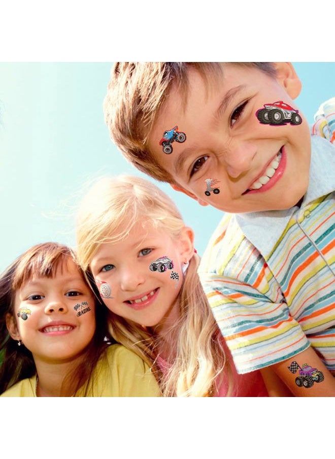 Temporary Tattoos for Kids, 75 PCS Truck Fake Tattoos for Birthday Party Favor- Silver Metallic Styles Tattoos | Monster Truck, Car Racing, Checkered Flag, Flames Tattoo for 5 6 7 8 Years Boys Girls