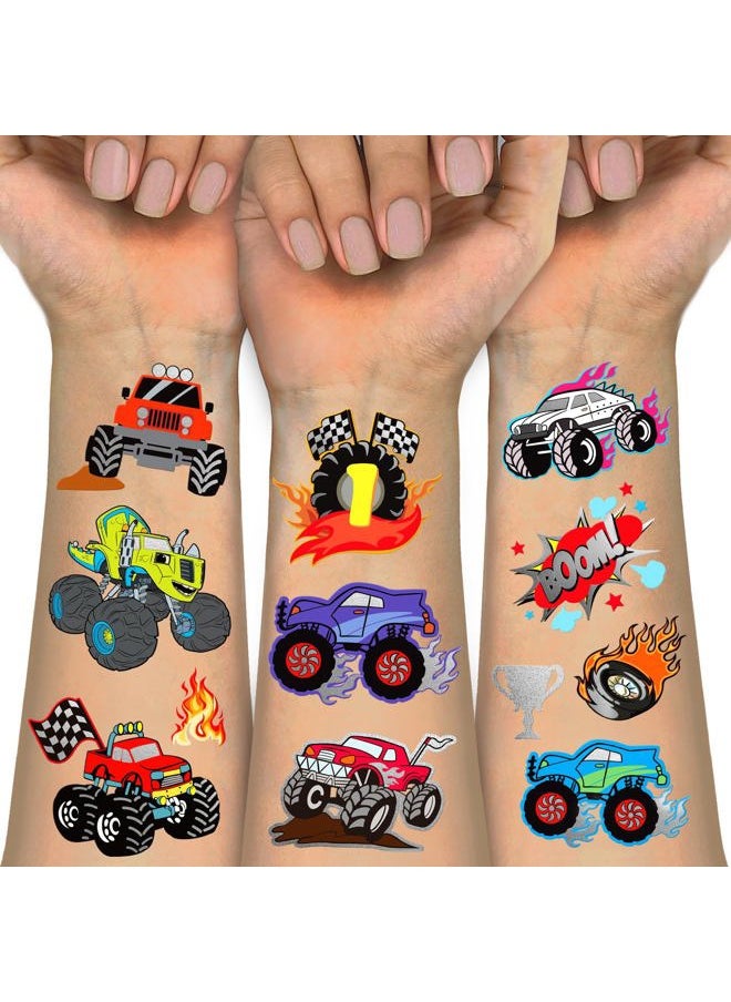 Temporary Tattoos for Kids, 75 PCS Truck Fake Tattoos for Birthday Party Favor- Silver Metallic Styles Tattoos | Monster Truck, Car Racing, Checkered Flag, Flames Tattoo for 5 6 7 8 Years Boys Girls
