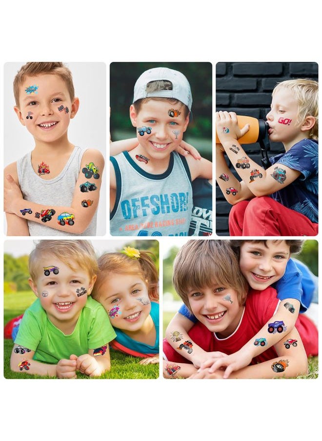 Temporary Tattoos for Kids, 75 PCS Truck Fake Tattoos for Birthday Party Favor- Silver Metallic Styles Tattoos | Monster Truck, Car Racing, Checkered Flag, Flames Tattoo for 5 6 7 8 Years Boys Girls