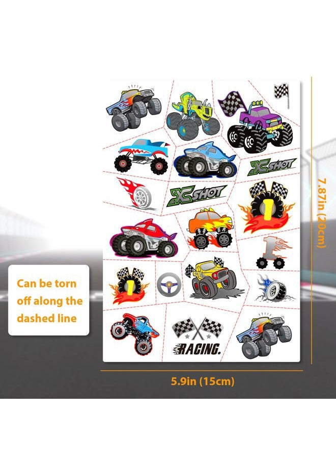 Temporary Tattoos for Kids, 75 PCS Truck Fake Tattoos for Birthday Party Favor- Silver Metallic Styles Tattoos | Monster Truck, Car Racing, Checkered Flag, Flames Tattoo for 5 6 7 8 Years Boys Girls