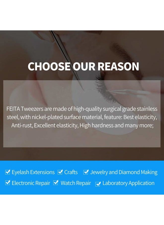 Best Eyelash Extension Tweezer Set - FEITA Pro Straight & Curved Pointy Precision Fine Tip Tweezers for Lash Extensions - Silver - 2Pcs