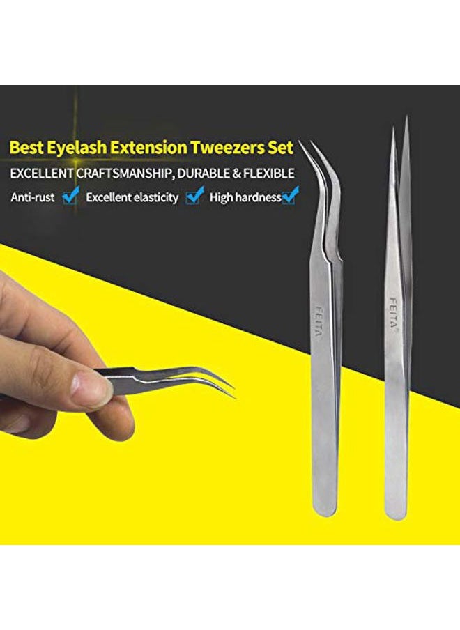 Best Eyelash Extension Tweezer Set - FEITA Pro Straight & Curved Pointy Precision Fine Tip Tweezers for Lash Extensions - Silver - 2Pcs
