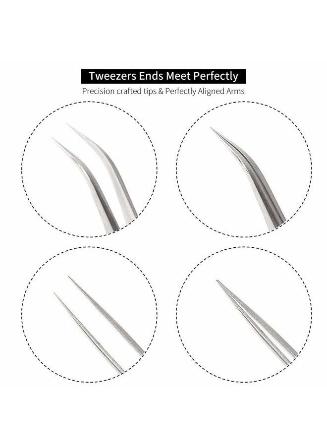 Best Eyelash Extension Tweezer Set - FEITA Pro Straight & Curved Pointy Precision Fine Tip Tweezers for Lash Extensions - Silver - 2Pcs