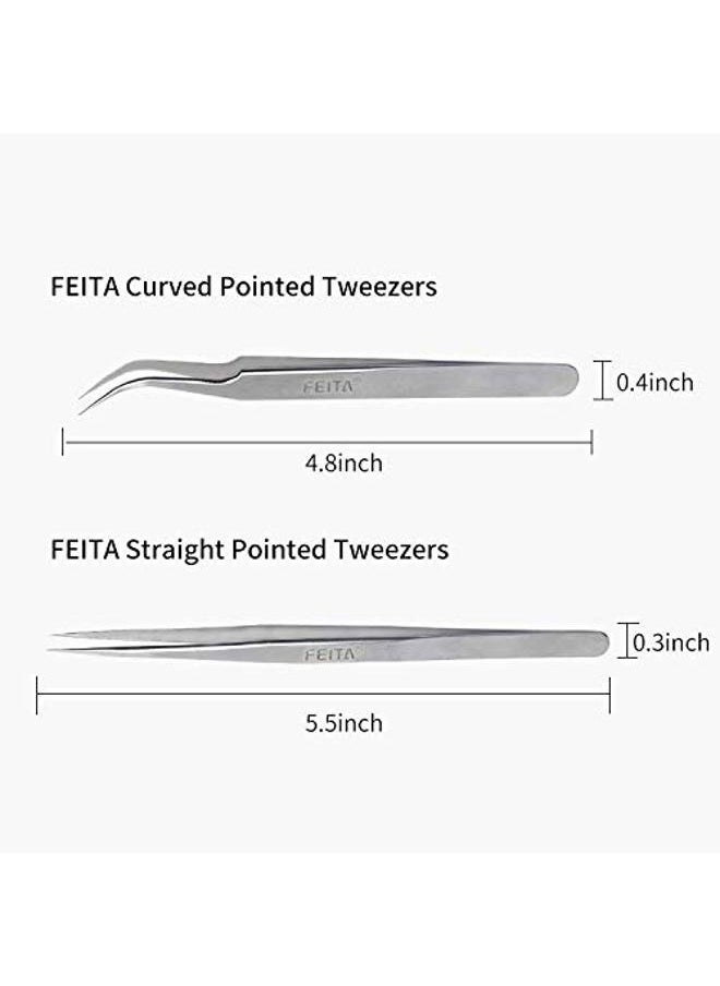 Best Eyelash Extension Tweezer Set - FEITA Pro Straight & Curved Pointy Precision Fine Tip Tweezers for Lash Extensions - Silver - 2Pcs